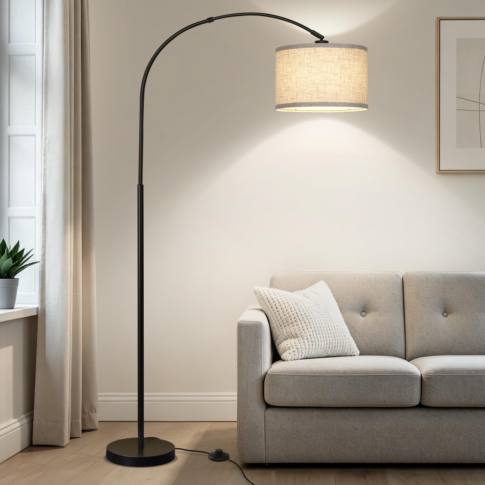 Seaside village front view of arc lamp showing modern silhouette and room impact