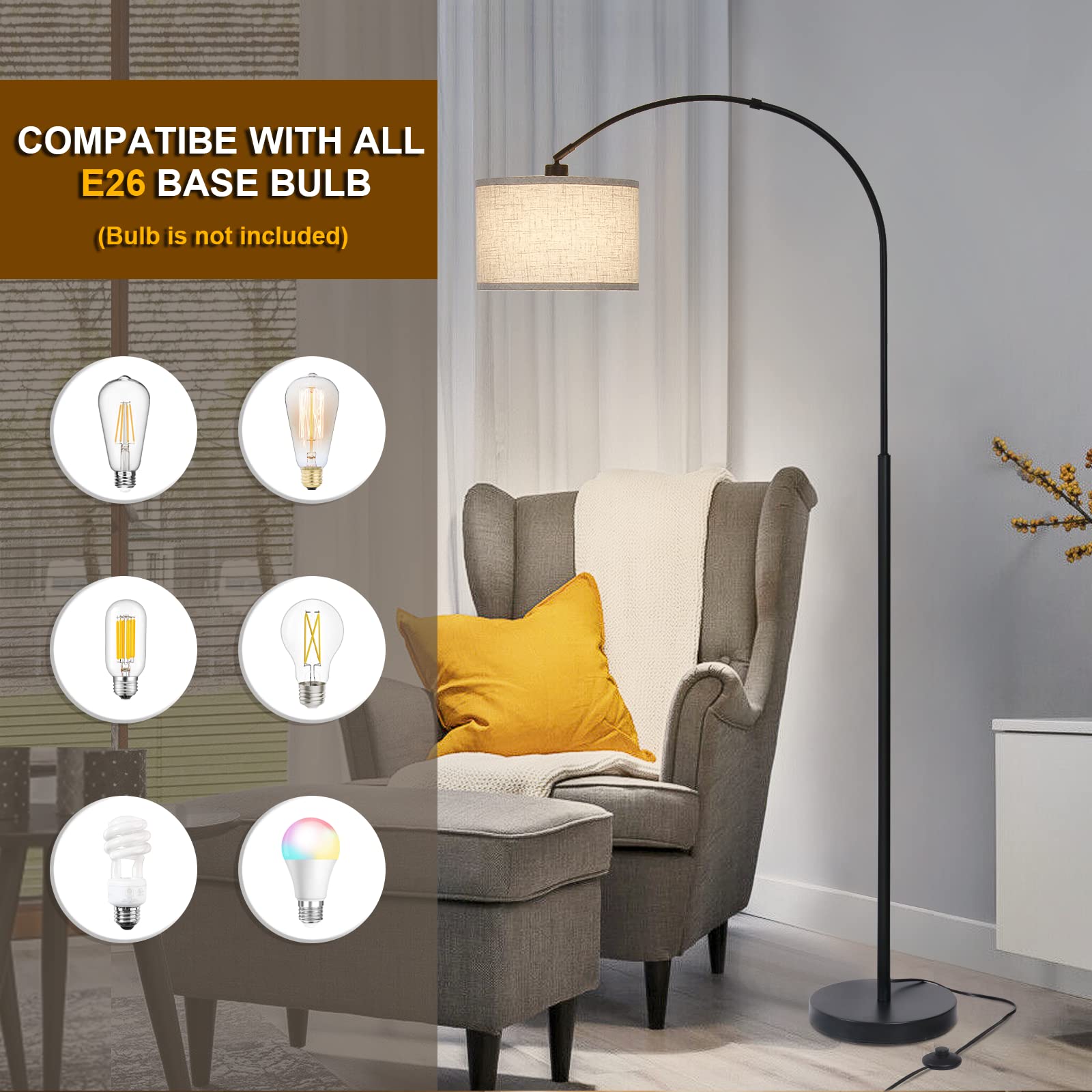 Seaside village lamp arching over sofa to deliver focused reading illumination