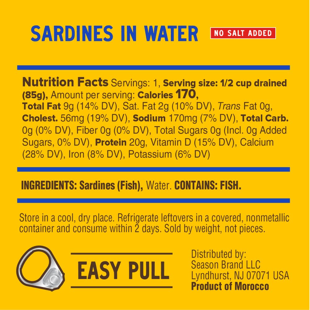 SEASON open tin top view showing whole sardines and water preservation benefit