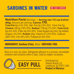 SEASON open tin top view showing whole sardines and water preservation benefit