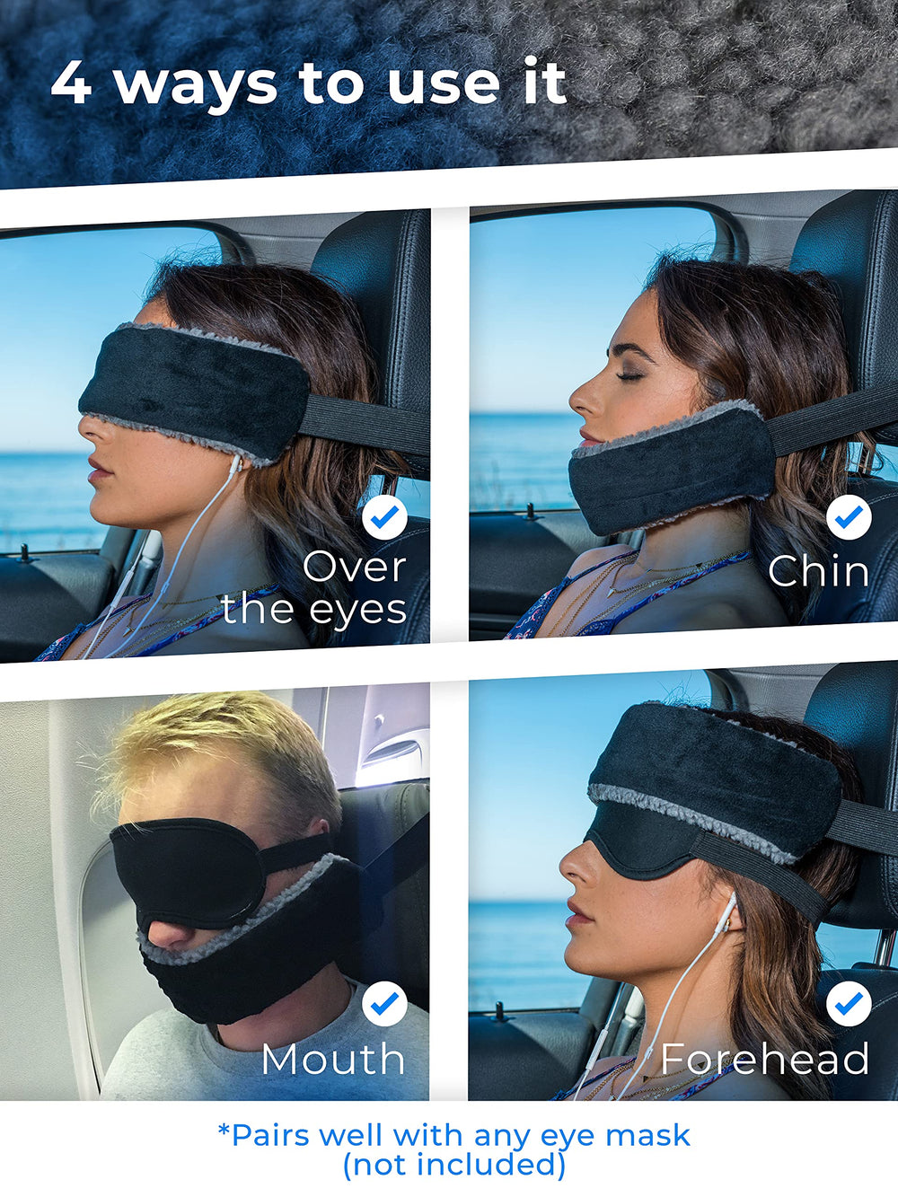SeatSleeper attached to airplane headrest stabilizing the sleeper's head