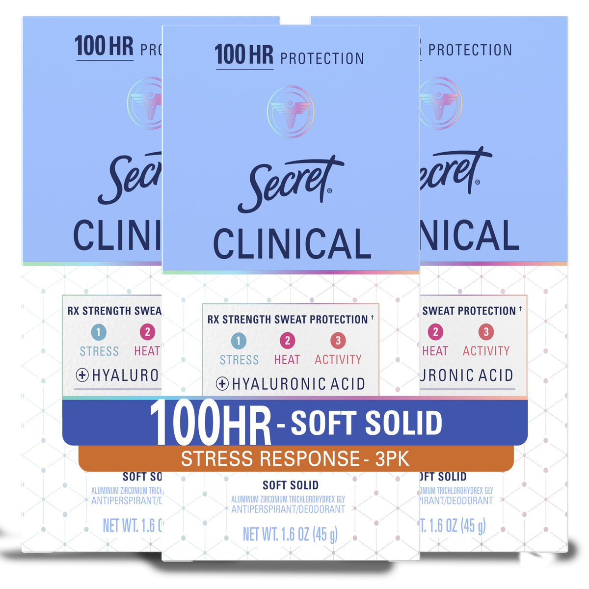 Secret frente del paquete pack de tres mostrando diseño y beneficio protección prolongada