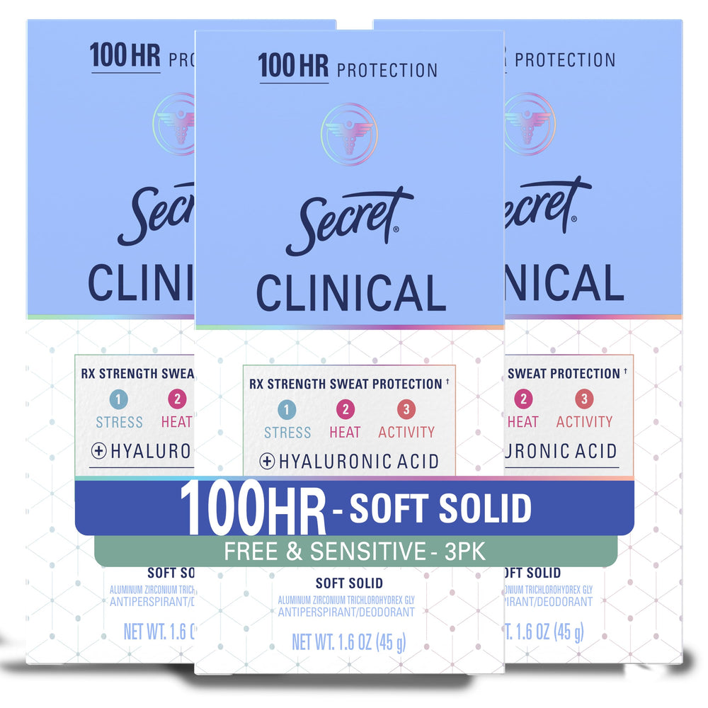 Secret envase frontal pack tres mostrando diseño y beneficio antitranspirante