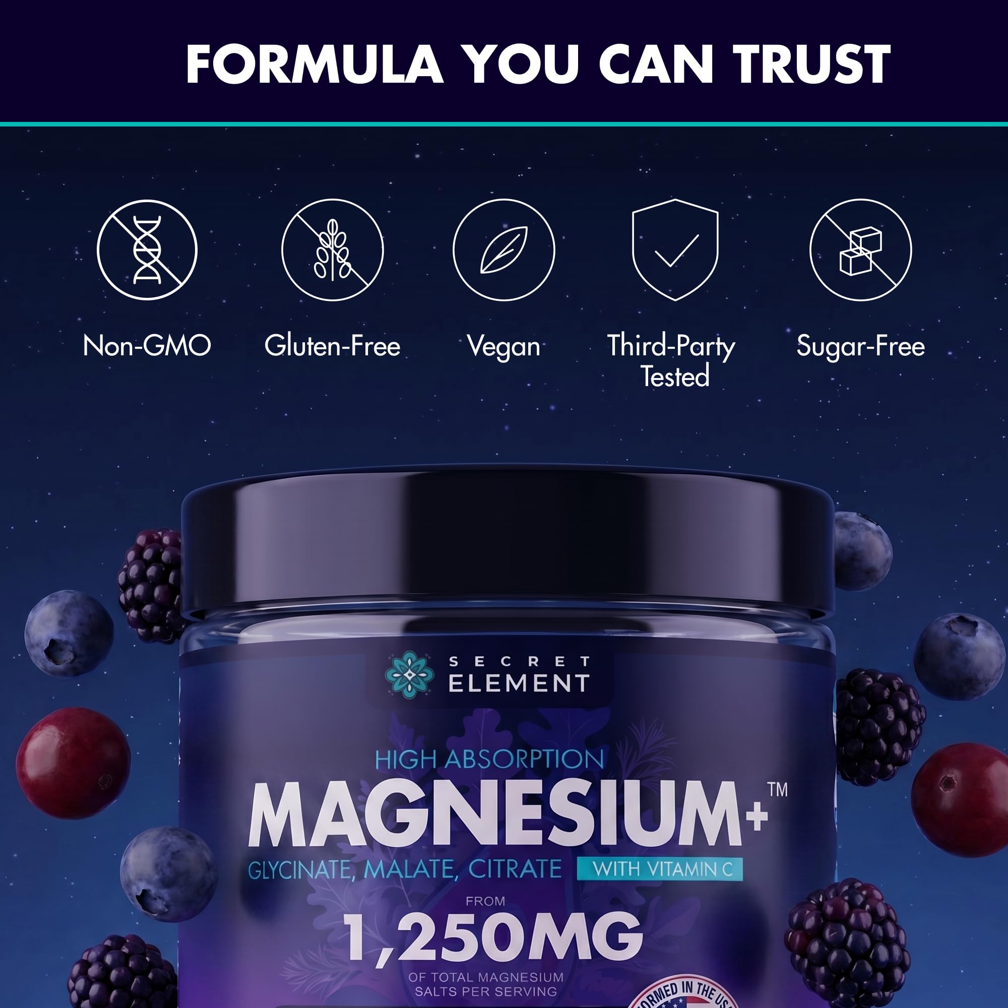 Envase Secret Element junto a frutos rojos que evocan el sabor Mixed Berry