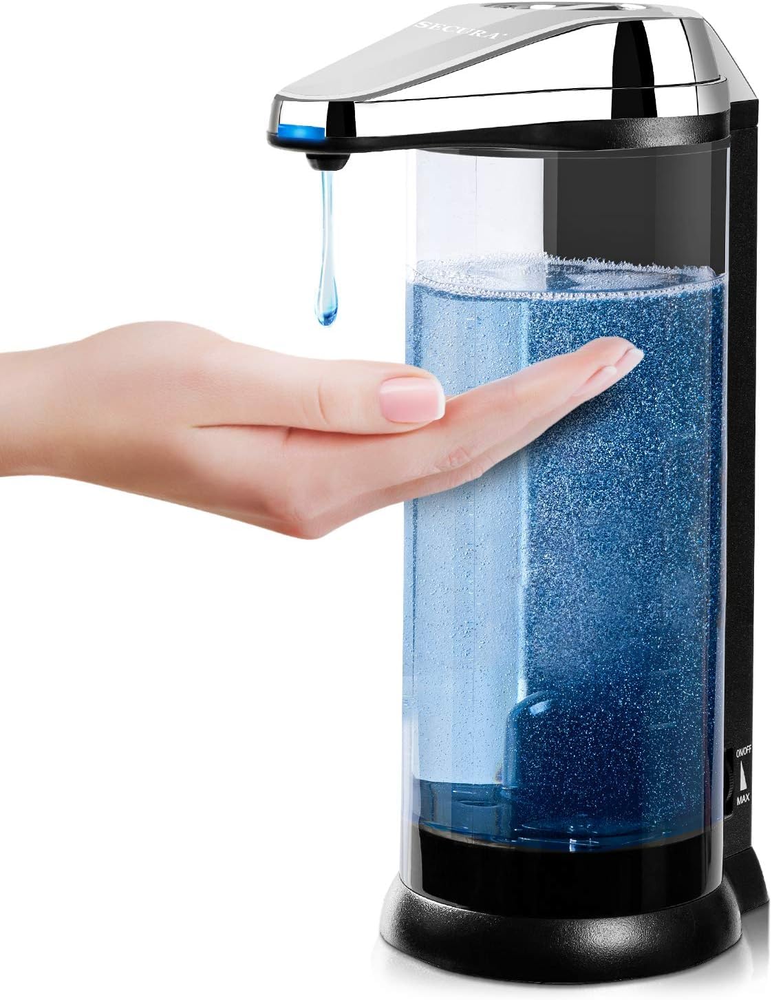 Secura dispenser front view chrome finish showcasing stylish touchless design and hygiene benefit
