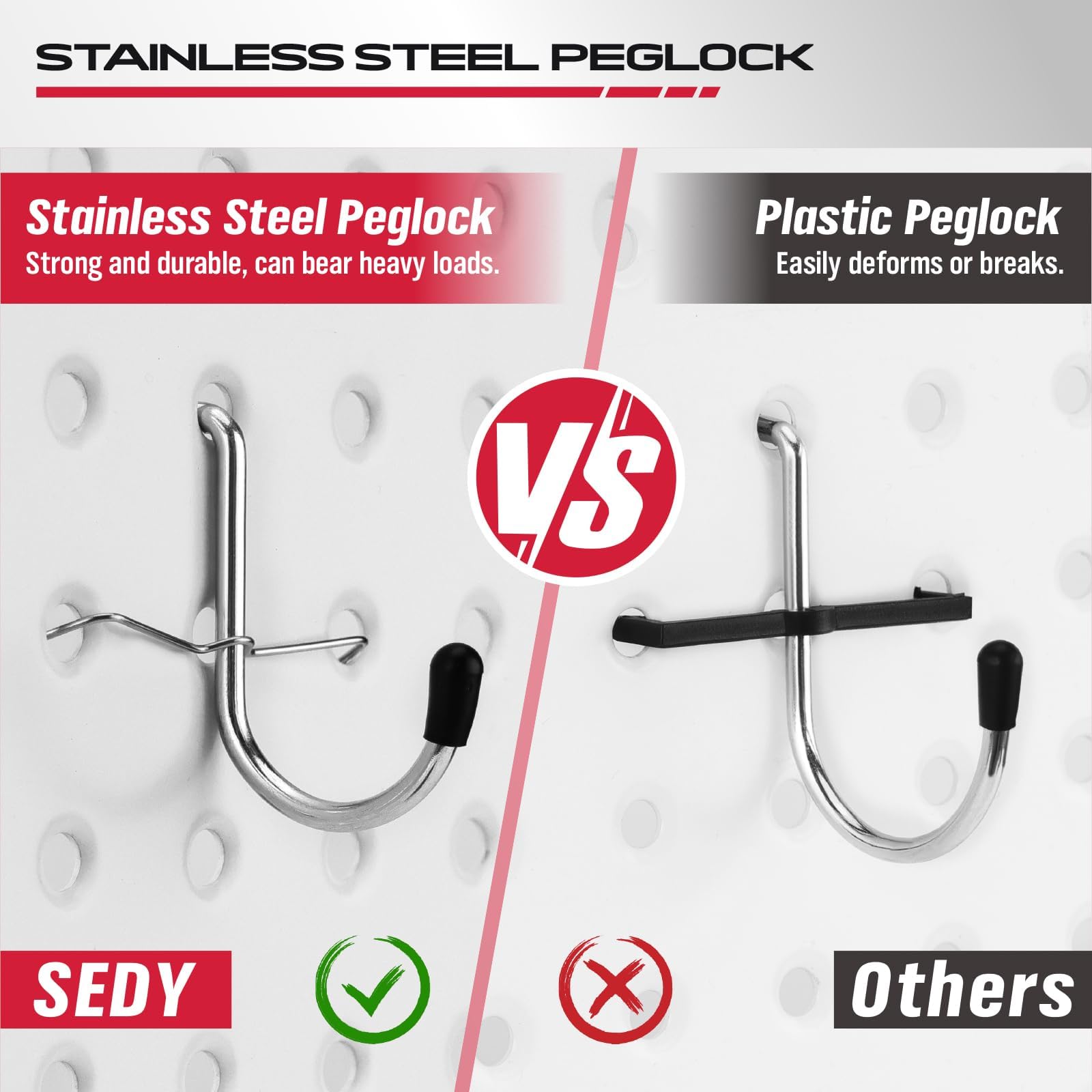 SEDY full pegboard wall with assorted hooks demonstrating efficient tool access