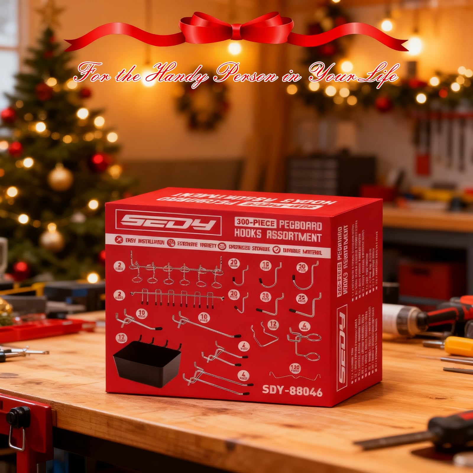 SEDY product label close-up showing pegboard compatibility details and clear specs