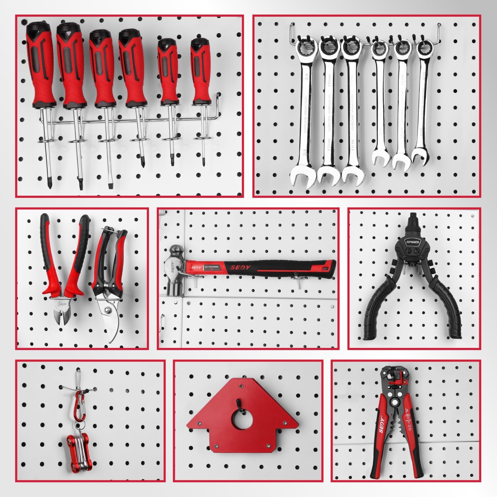 SEDY workshop scene with organized pegboard demonstrating clutter-free workspace