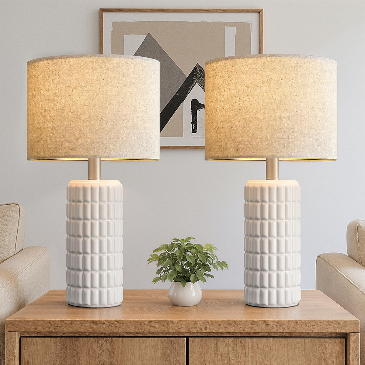 Seealle front view pair showing balanced bedside styling and warm light