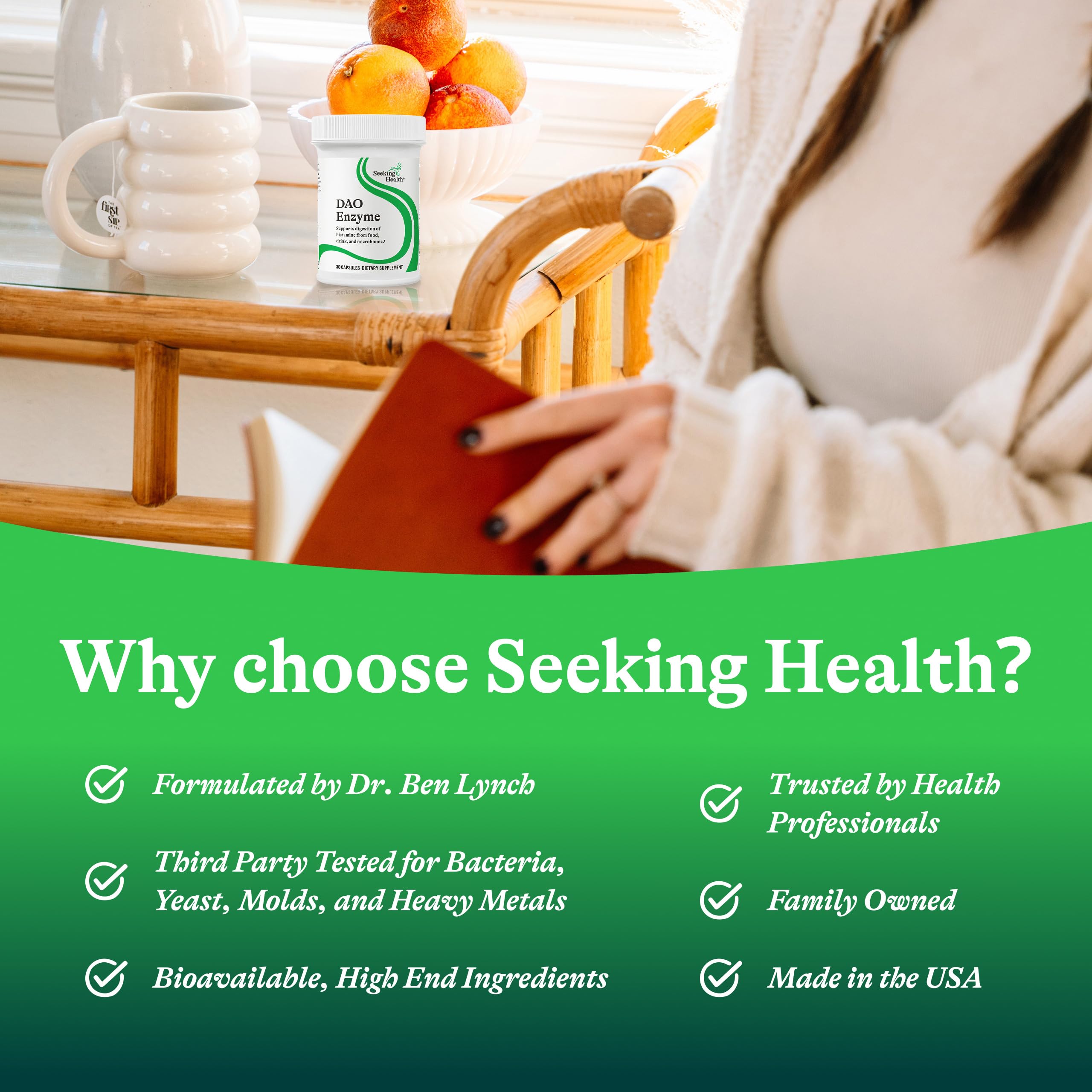 Seeking Health envase junto a alimentos ricos en histamina, apoyo en situaciones sociales