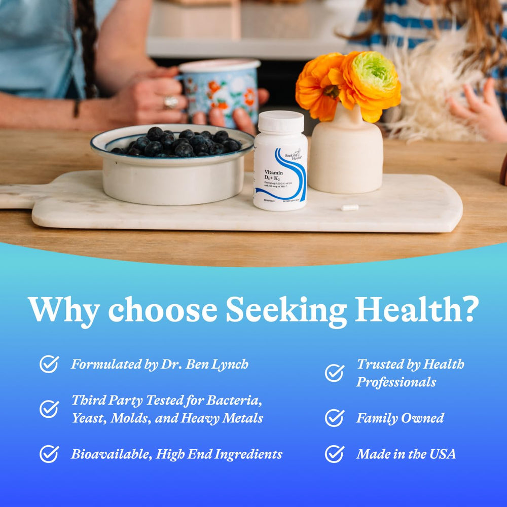 Seeking Health frasco en mesa de desayuno, integrado a rutina saludable diaria