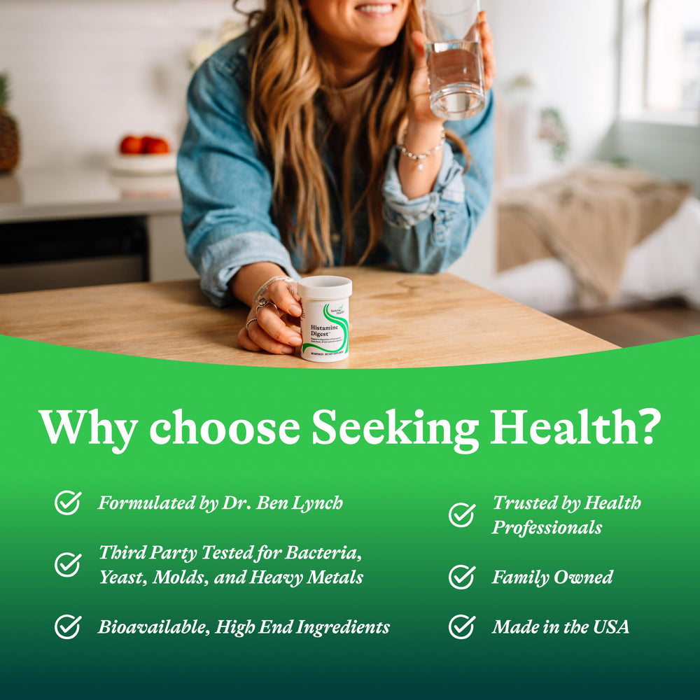 Seeking Health envase colocado en mesa de cocina junto a alimentos
