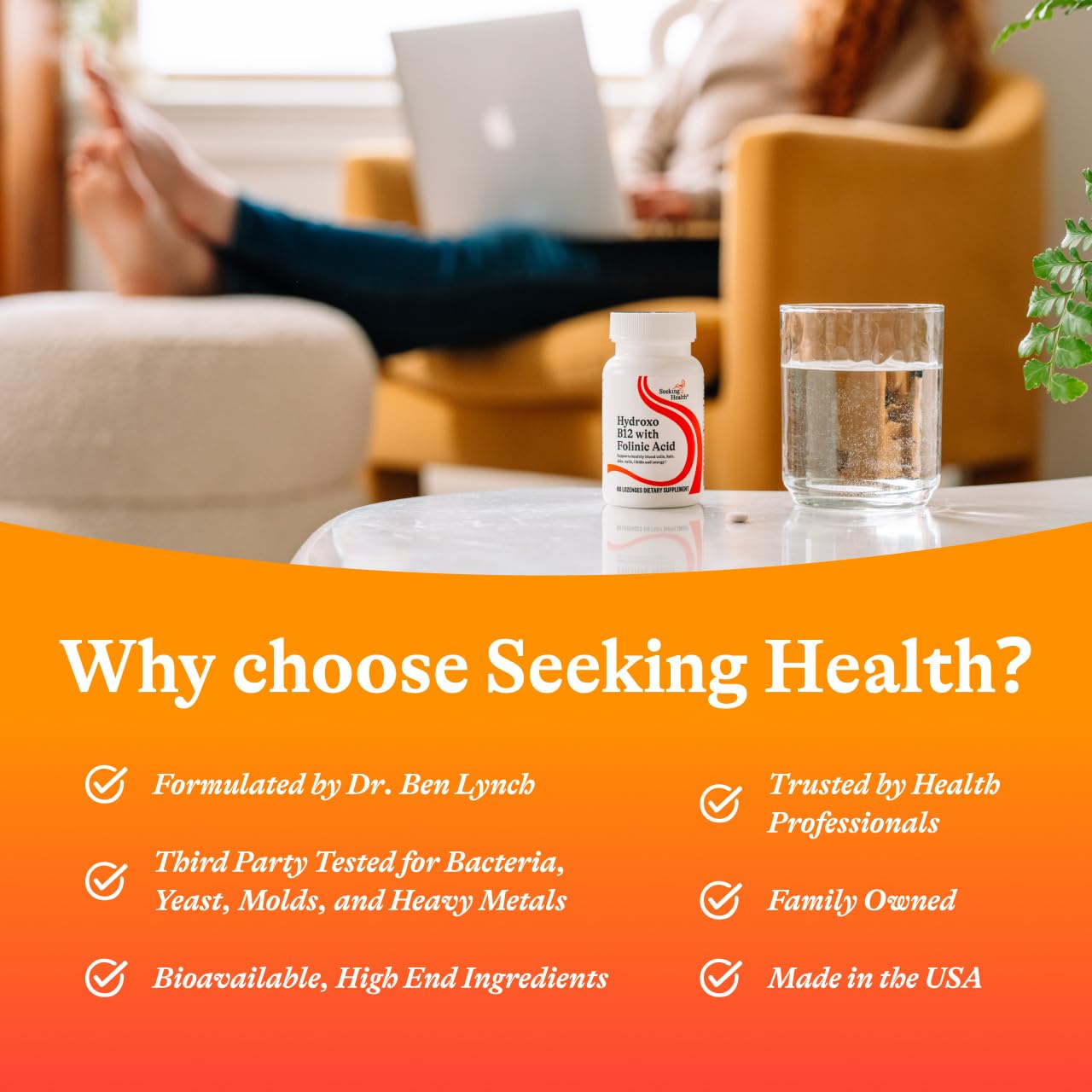 Seeking Health vista lateral del empaquetado que destaca calidad