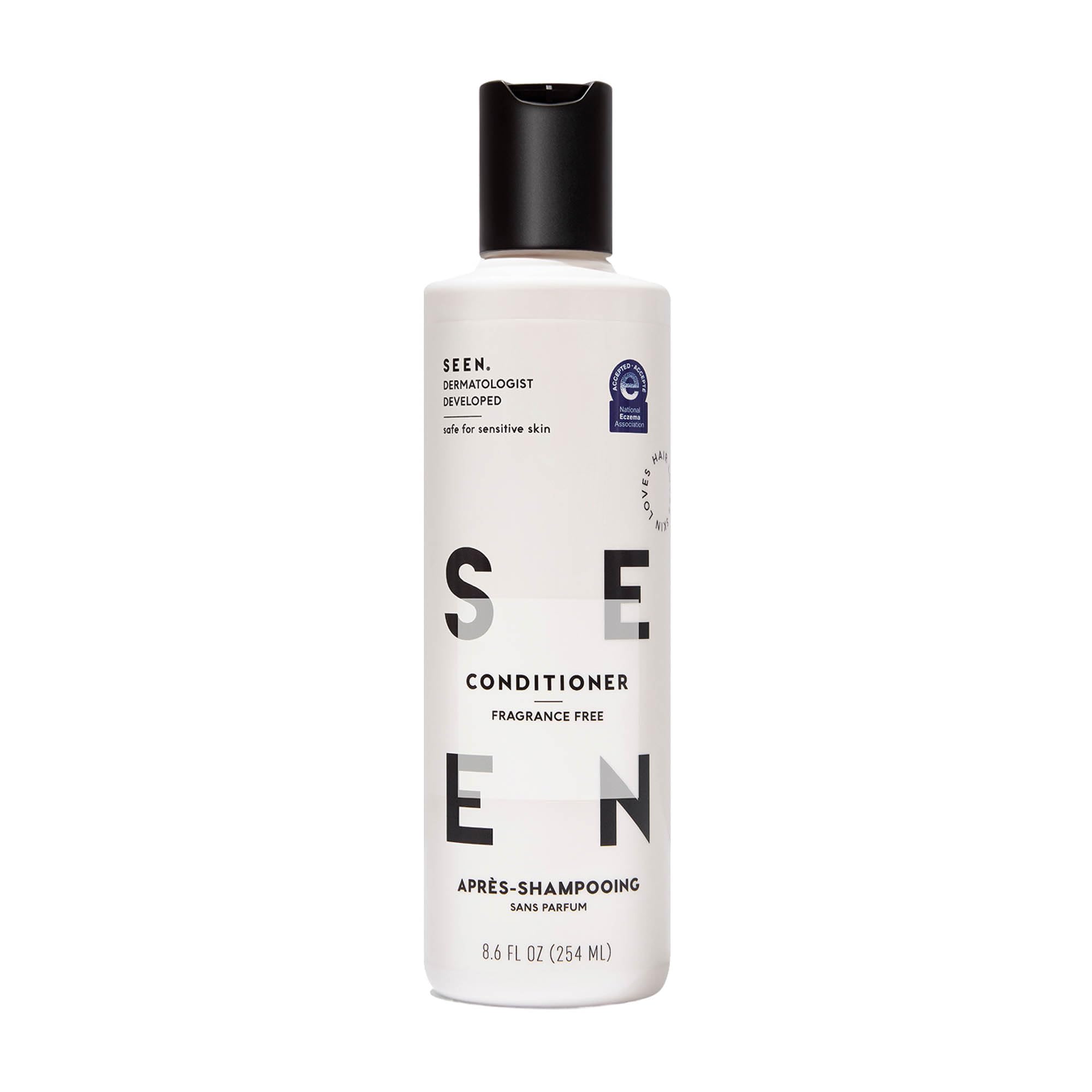 SEEN front packaging of fragrance-free conditioner showing label and seal, gentle formulation benefit