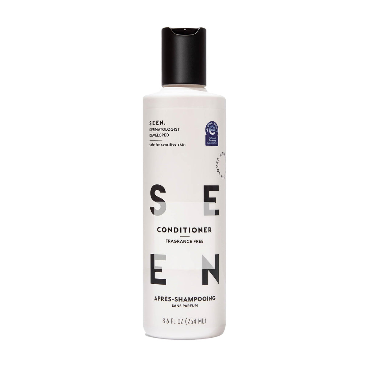 SEEN front packaging of fragrance-free conditioner showing label and seal, gentle formulation benefit
