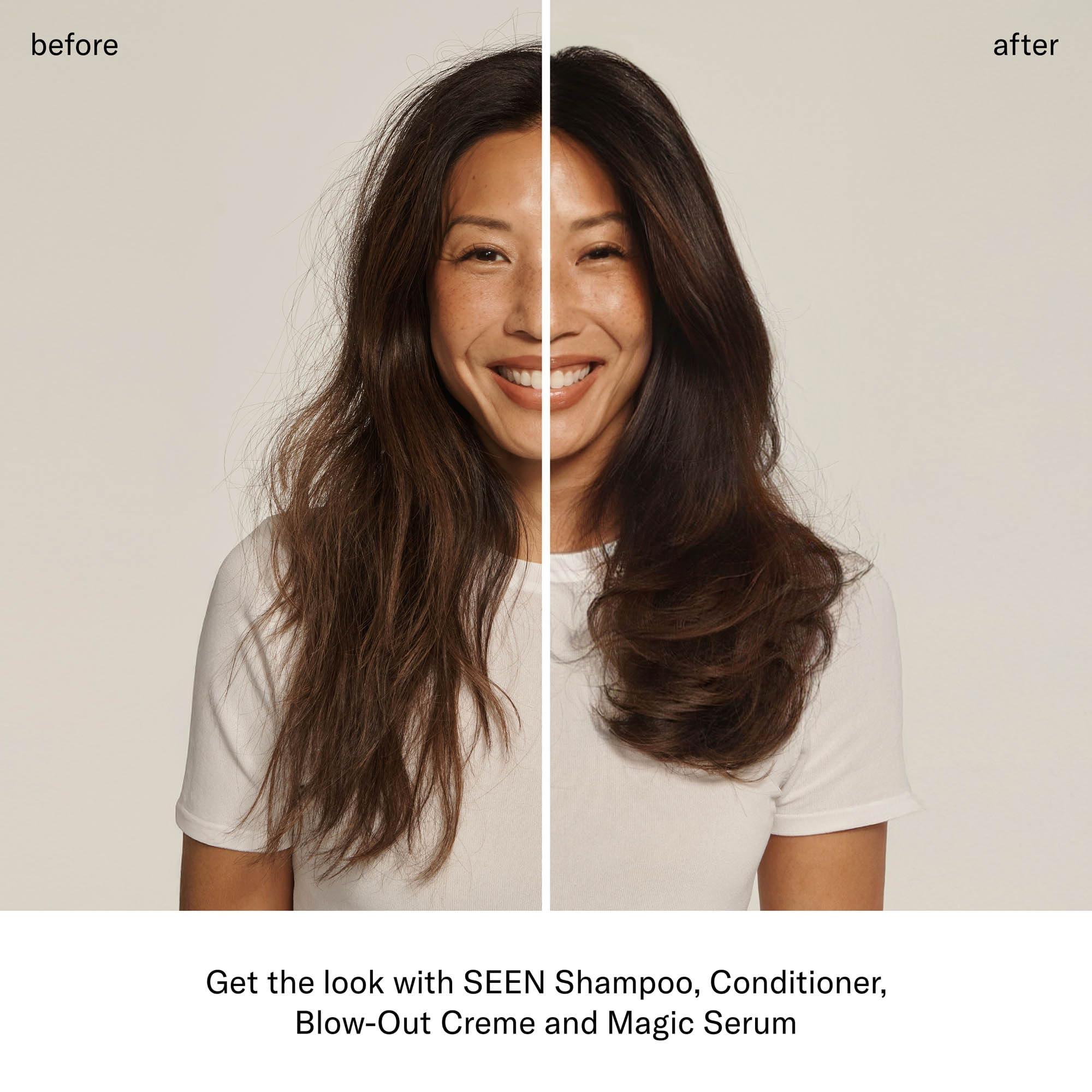 SEEN applying conditioner to wet hair showing detangling and frizz reduction benefit