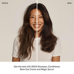 SEEN applying conditioner to wet hair showing detangling and frizz reduction benefit
