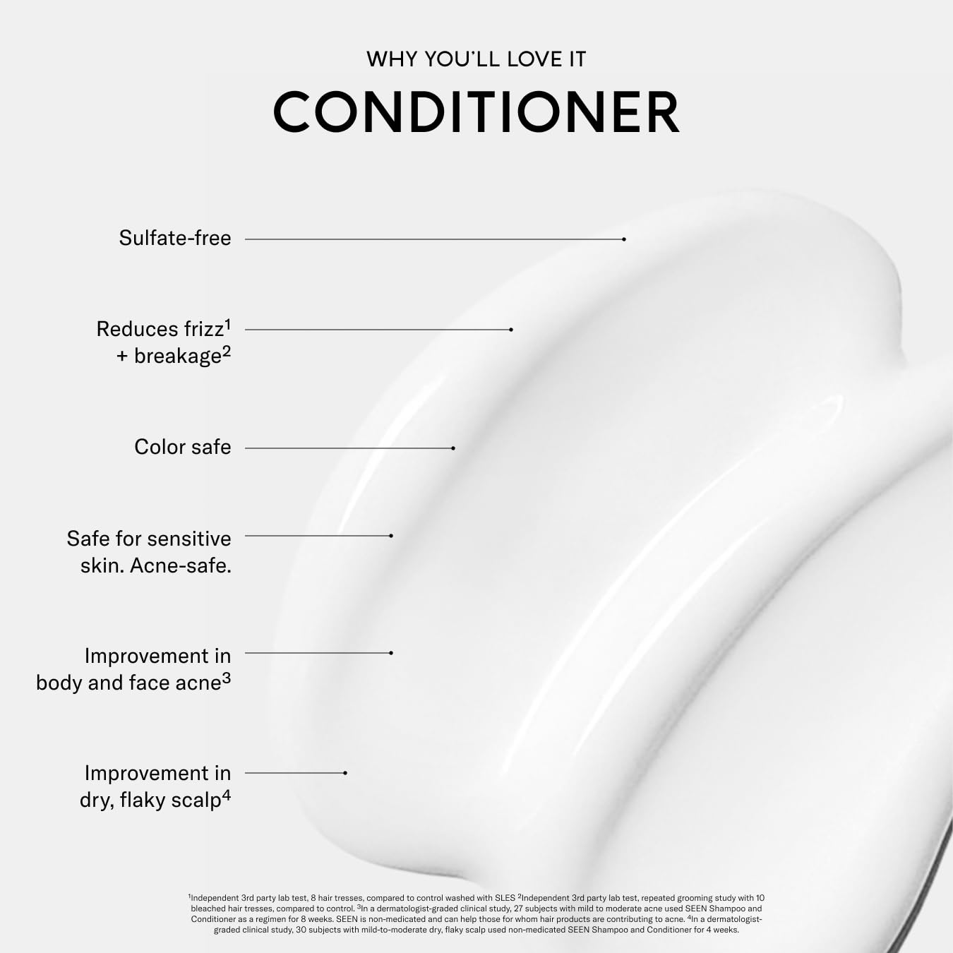 SEEN close-up of conditioner texture showing lightweight cream and slip benefit