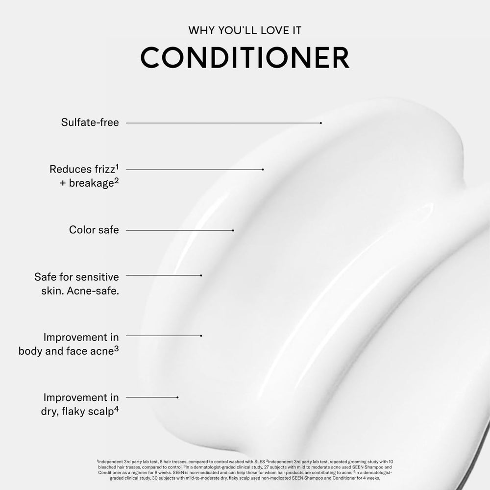 SEEN close-up of conditioner texture showing lightweight cream and slip benefit