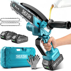 Seesii motosierra mini vista frontal con ergonomía y control seguro