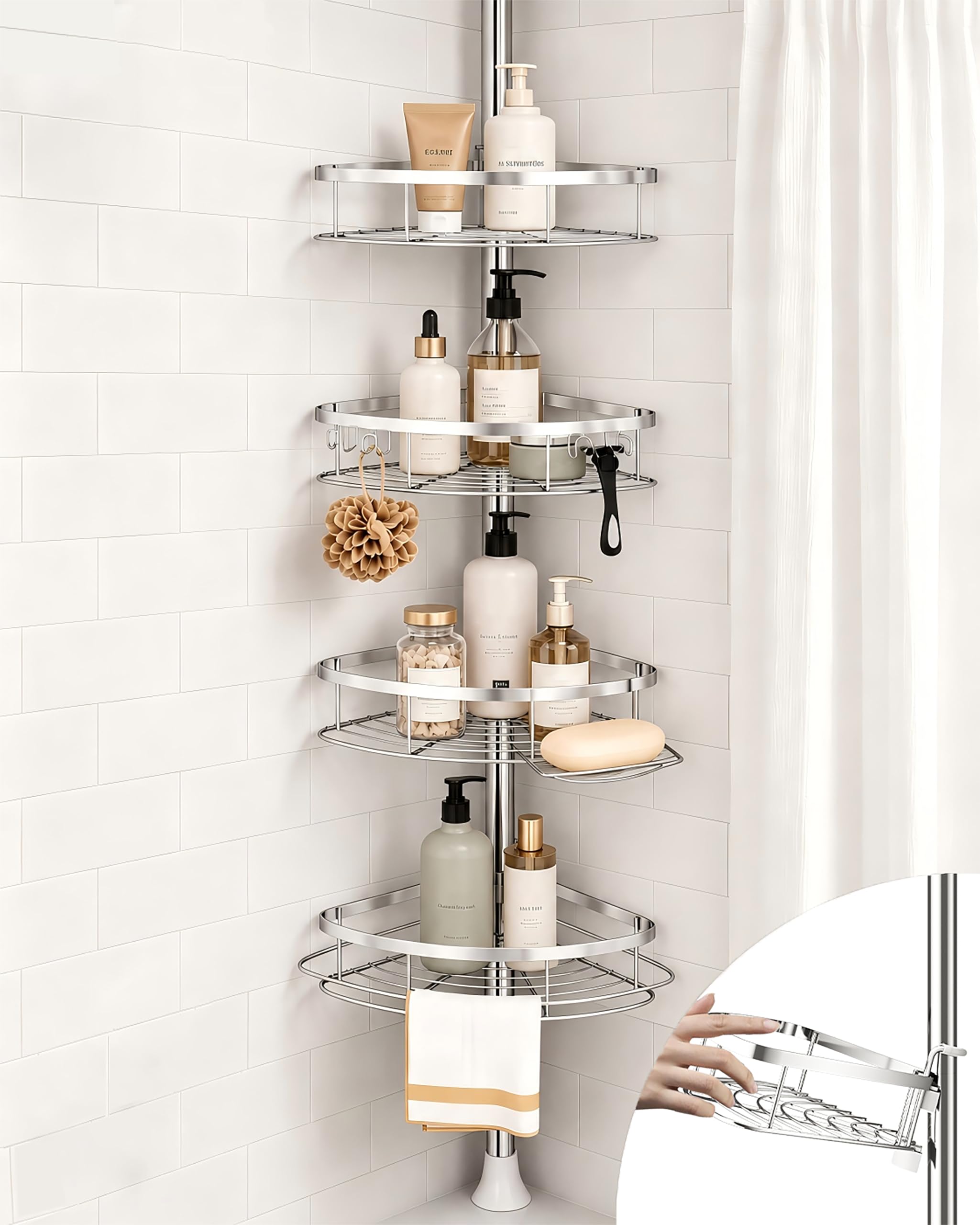 SEIRIONE vista frontal del organizador en esquina mostrando 4 estantes y acabado antióxido