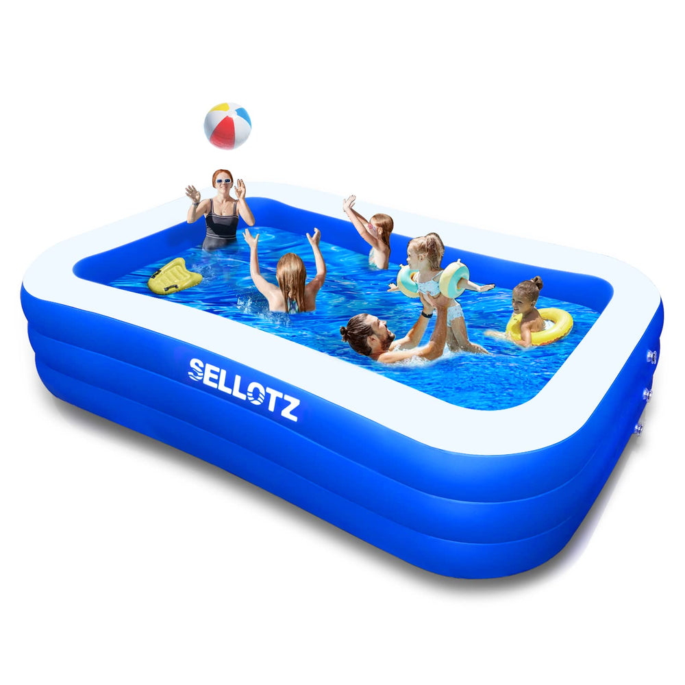 SELLOTZ vista frontal de la piscina inflable mostrando espacio para familia y niños