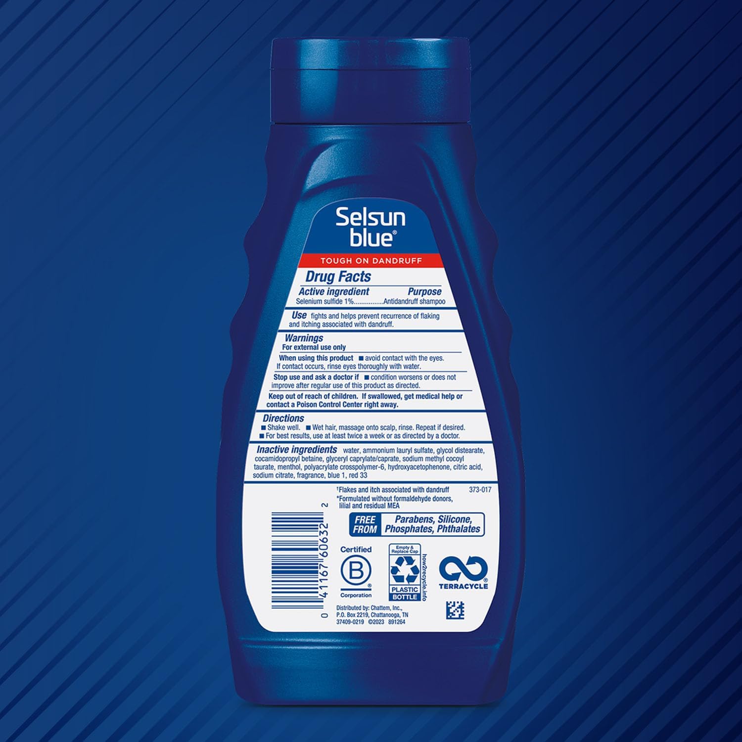 Selsun Blue etiqueta con ingredientes, muestra sulfuro de selenio 1%