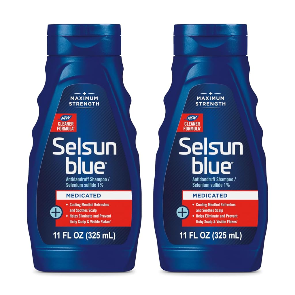 Selsun Blue vista frontal del pack de dos botellas, solución potente