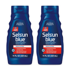 Selsun Blue vista frontal del pack de dos botellas, solución potente