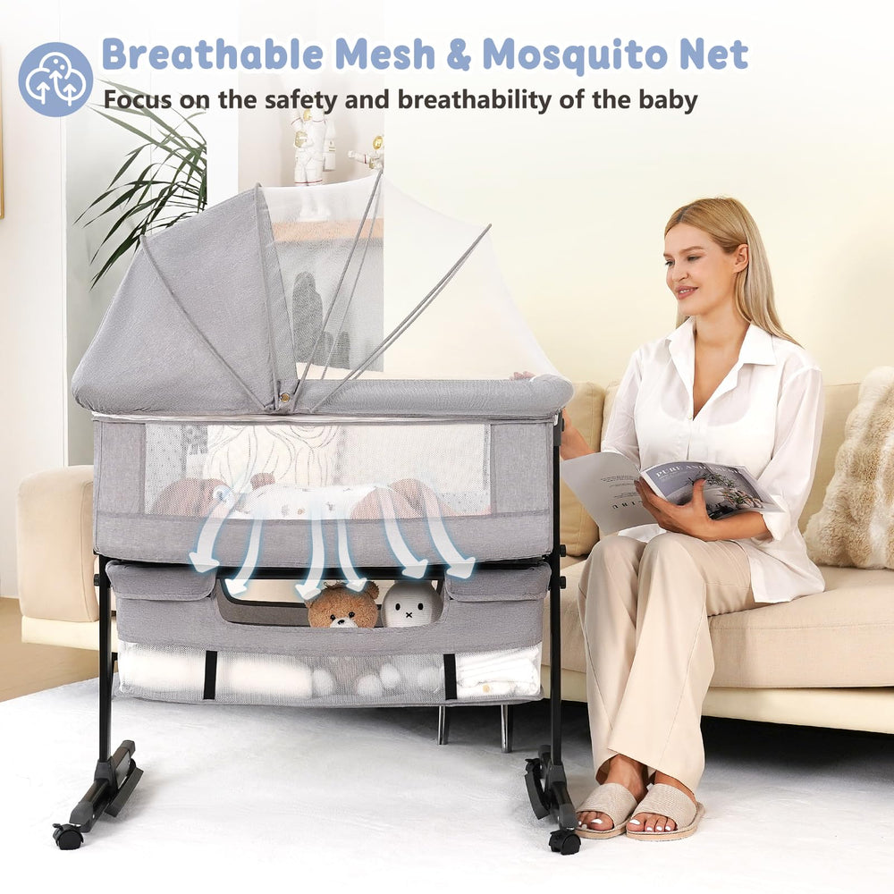 Semphis bassinet beside a bed in bedroom showing bedside convenience