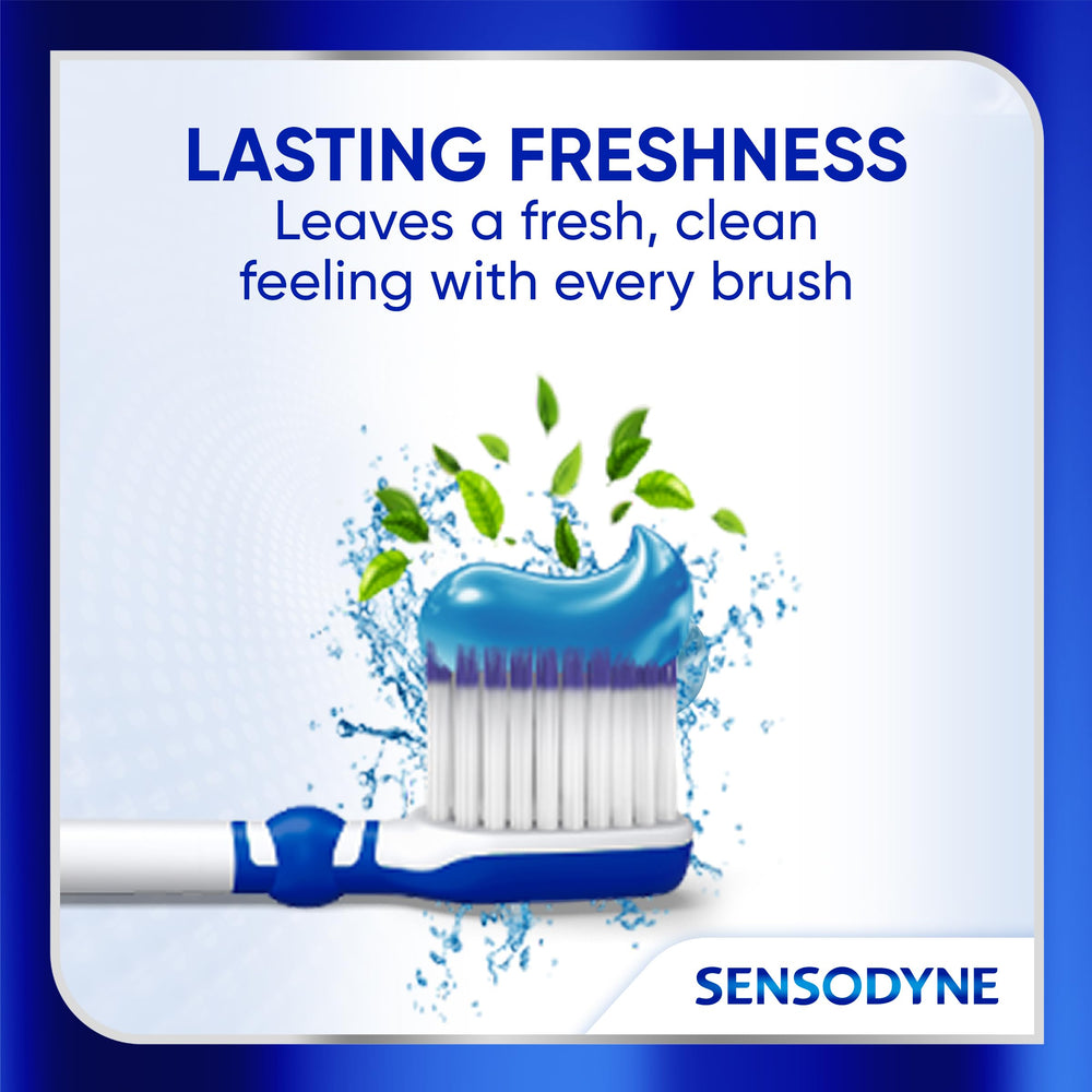 Person brushing with Sensodyne demonstrating quick sensitivity protection while cleaning