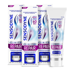 Sensodyne Clinical Repair three-pack front view highlighting packaging and benefit