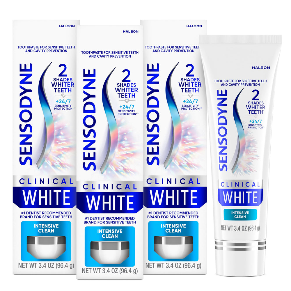 Sensodyne tubo frontal mostrando marca y beneficios visibles