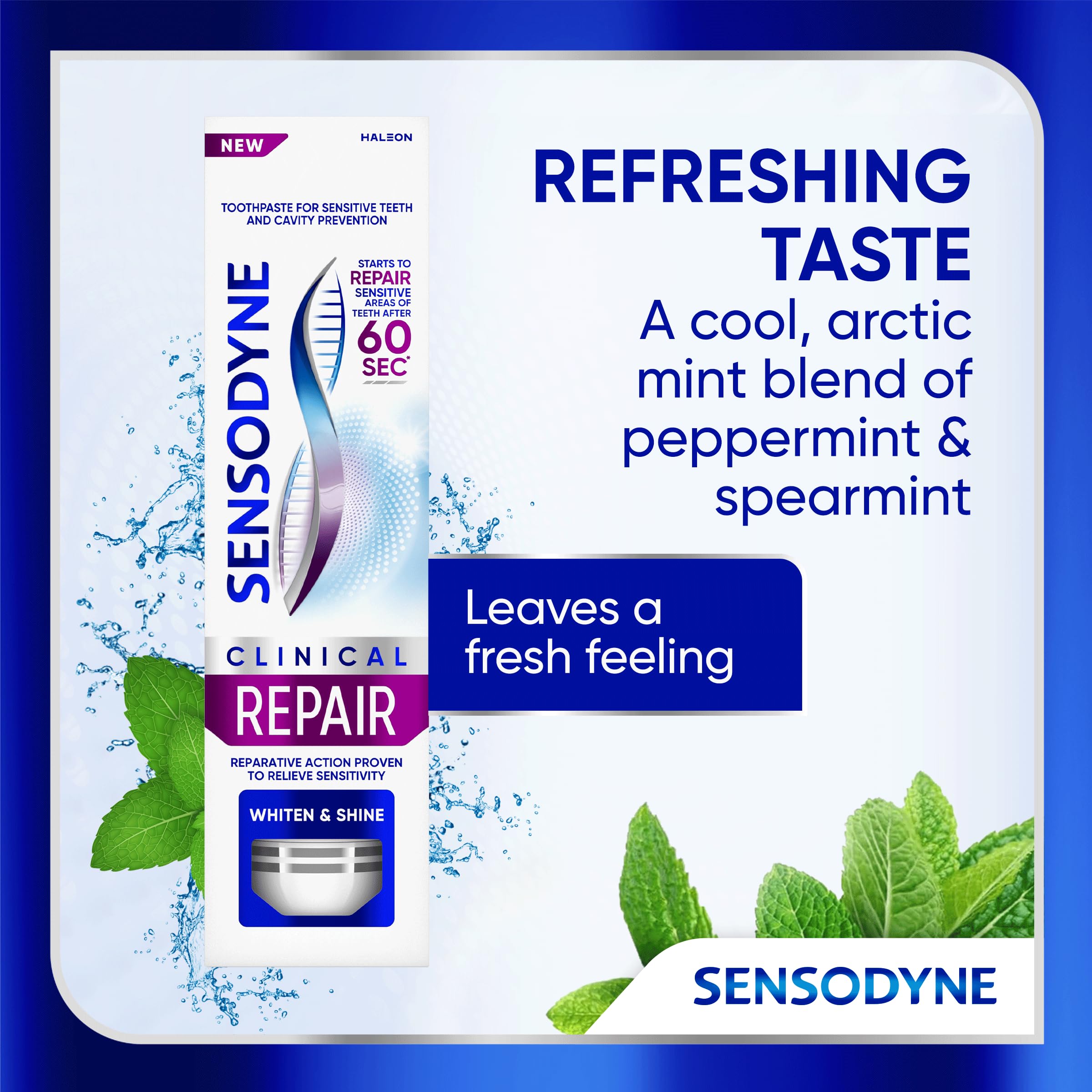 Mint leaves beside tube conveying Sensodyne fresh arctic mint flavor and breath boost
