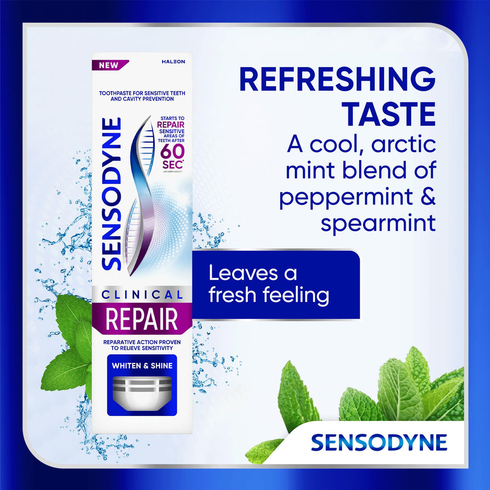 Mint leaves beside tube conveying Sensodyne fresh arctic mint flavor and breath boost
