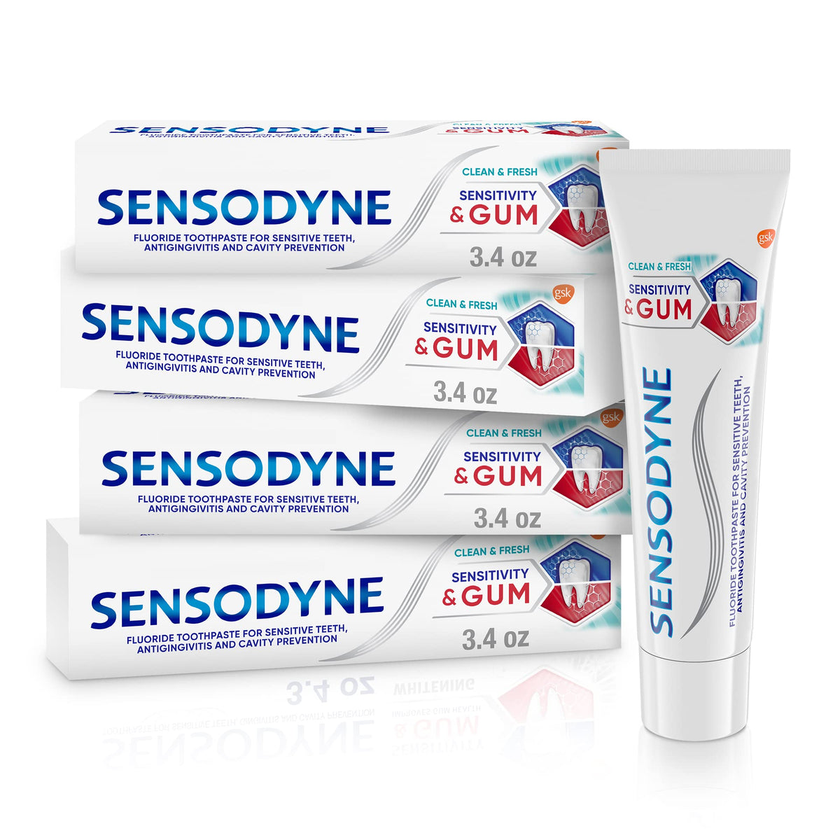 Sensodyne pack frontal mostrando los cuatro tubos y beneficio de alivio