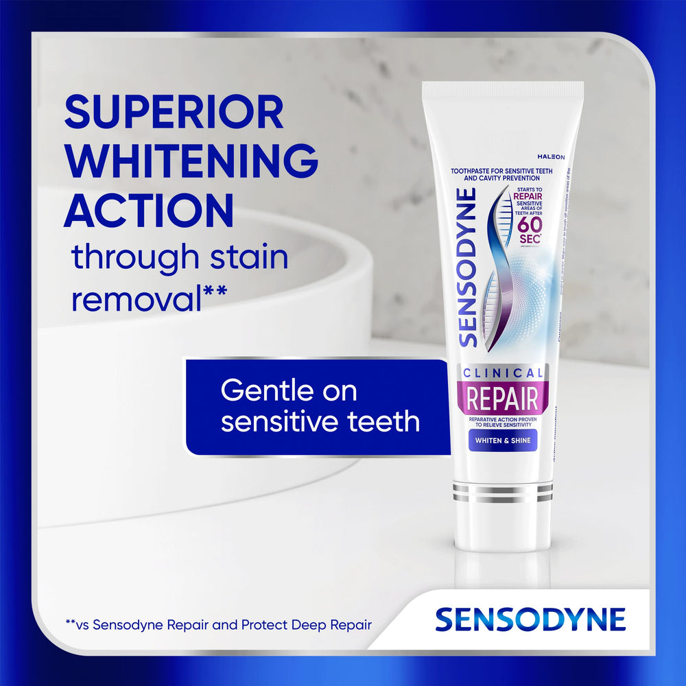 Three Sensodyne 3.4 oz tubes next to a ruler for size comparison and convenience