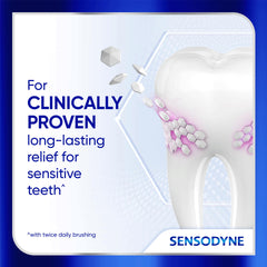 Texture of Sensodyne paste in arctic mint color illustrating gentle whitening action