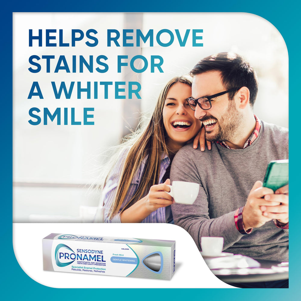 Comparación de tamaño de Sensodyne Pronamel en mano que muestra volumen del tubo