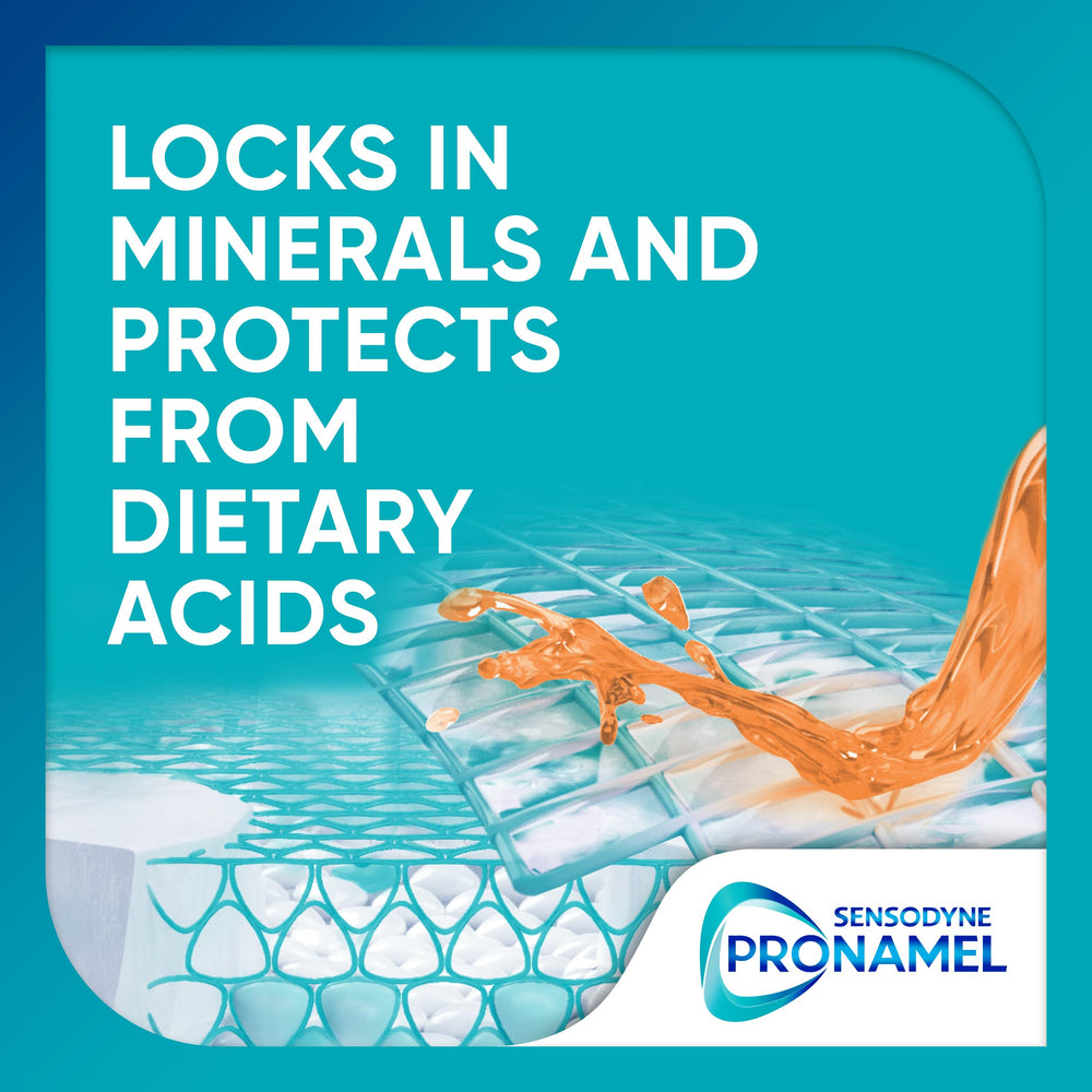 Cuatro tubos de Sensodyne Pronamel alineados para uso prolongado y reposición conveniente