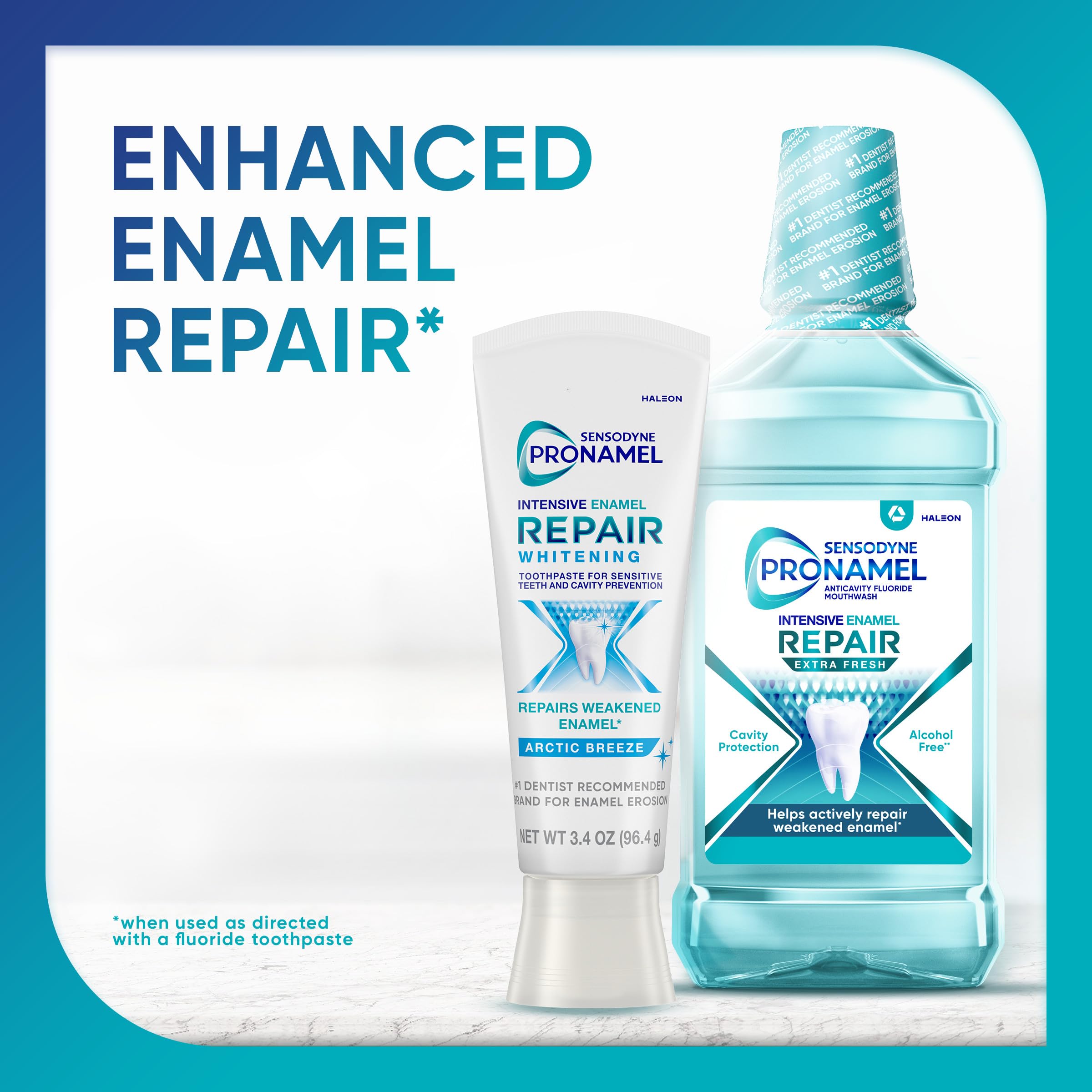 Etiqueta Sensodyne Pronamel con lista de ingredientes activos y beneficios clave