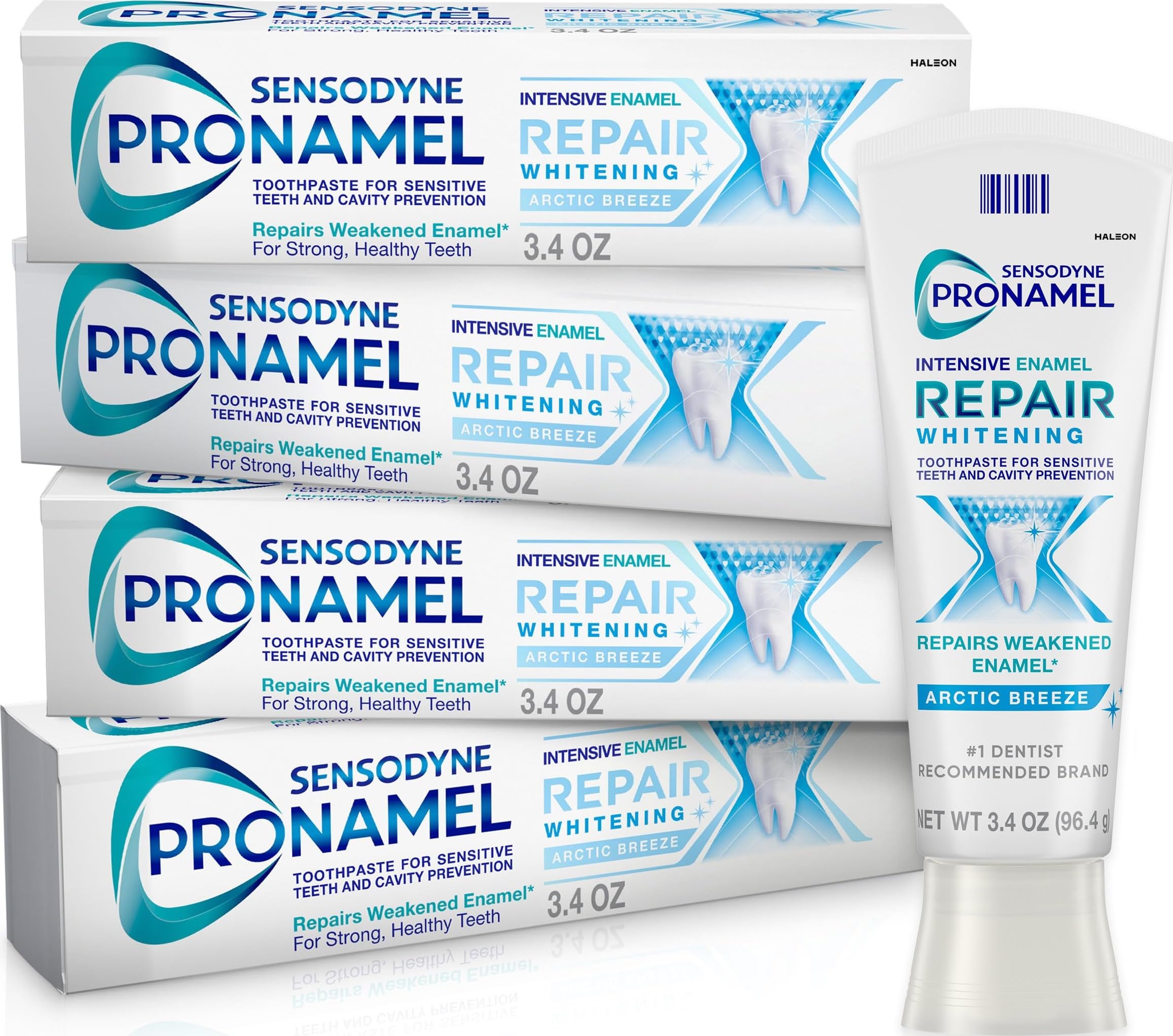 Sensodyne Pronamel frente del empaque mostrando pack de cuatro, protección continua