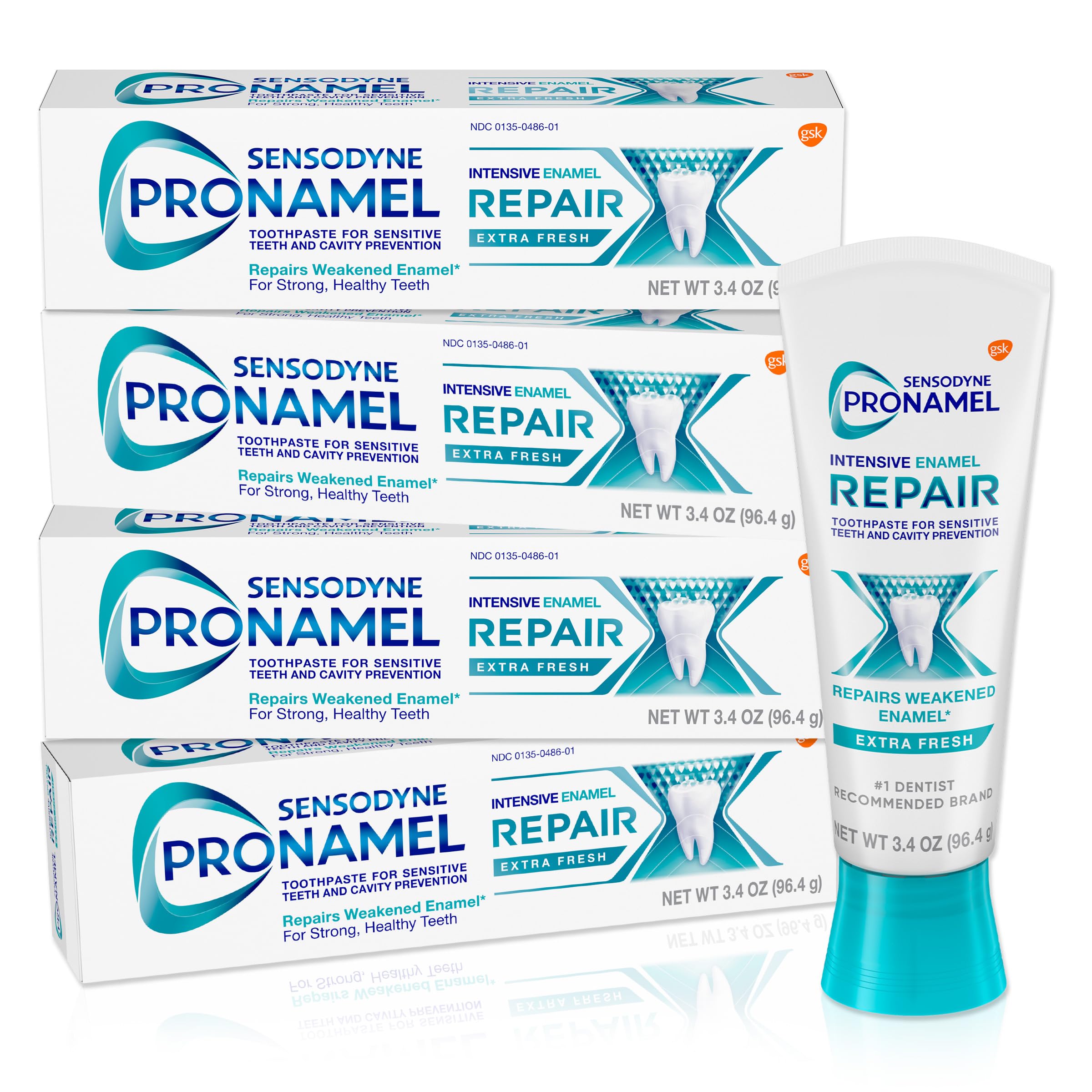 Sensodyne Pronamel frente del empaque mostrando el pack de cuatro y protección del esmalte