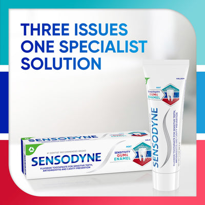 Tres tubos de Sensodyne alineados que representan suministro prolongado