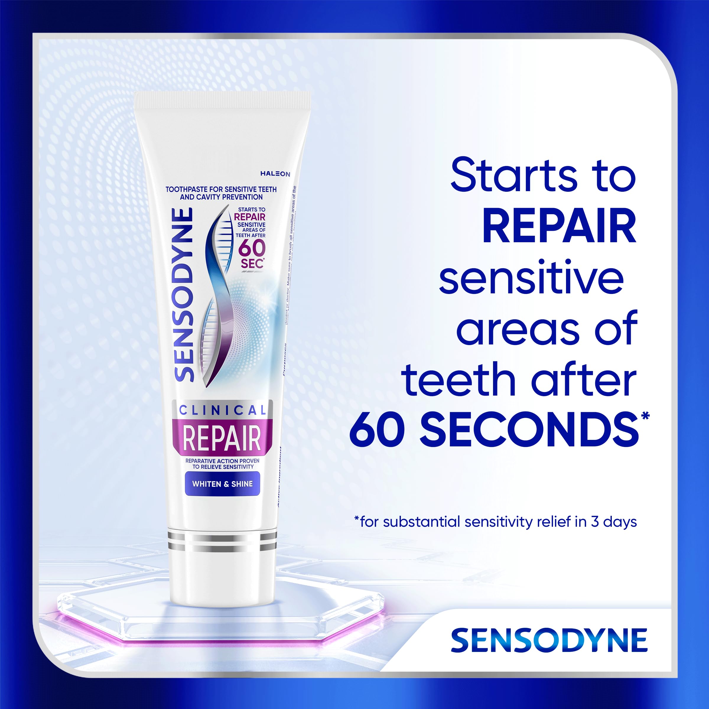 Close-up of Sensodyne tube label showing Clinical Repair features and reassurance
