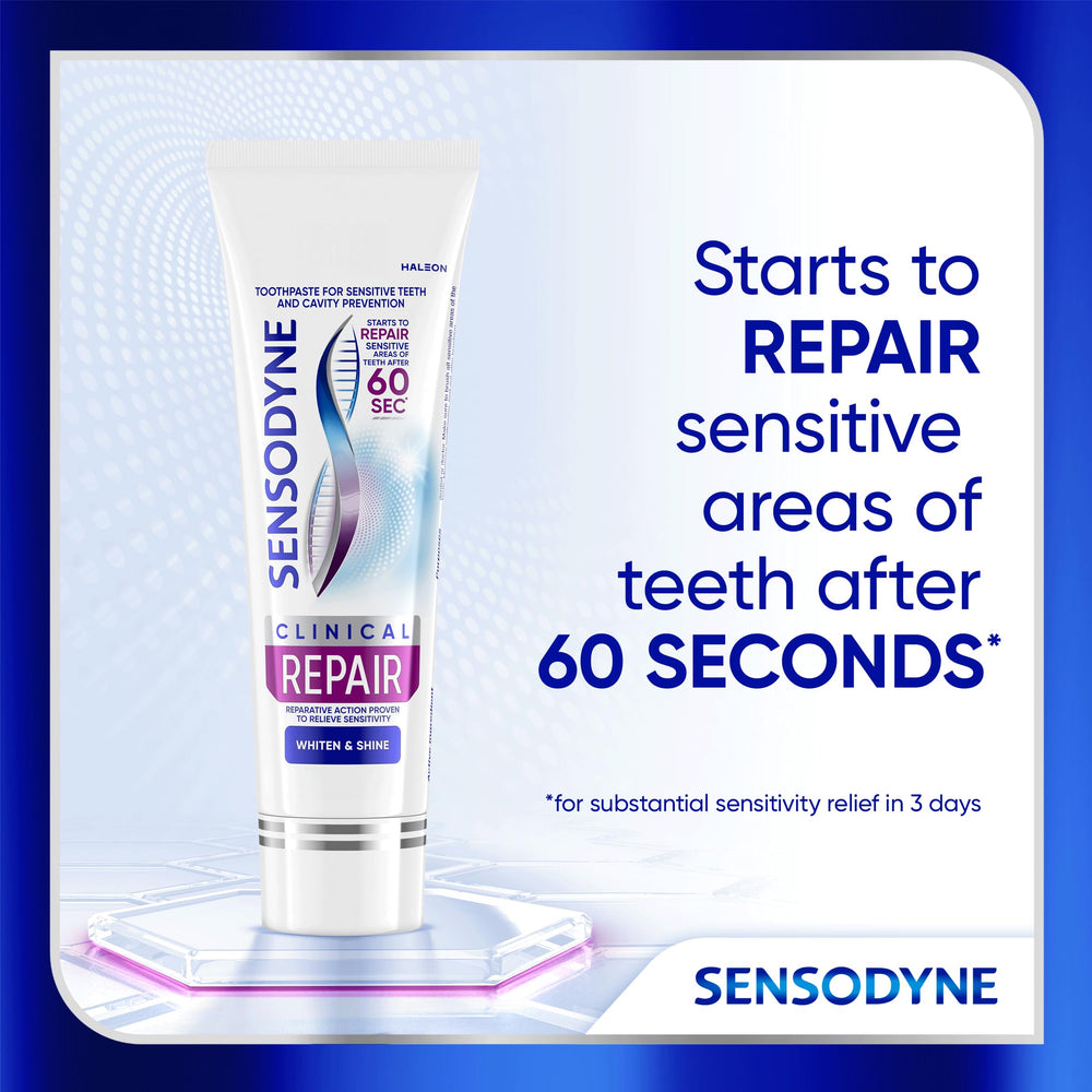 Close-up of Sensodyne tube label showing Clinical Repair features and reassurance