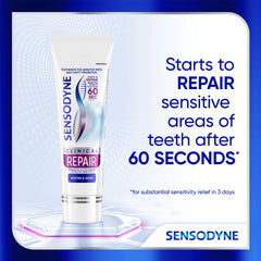 Close-up of Sensodyne tube label showing Clinical Repair features and reassurance