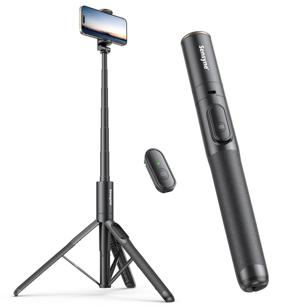 SENSYNE tripod front view showing compact design and included remote for portability