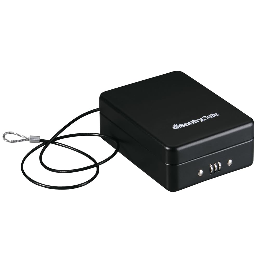 SentrySafe vista frontal del cofre negro mostrando tamaño compacto y portabilidad