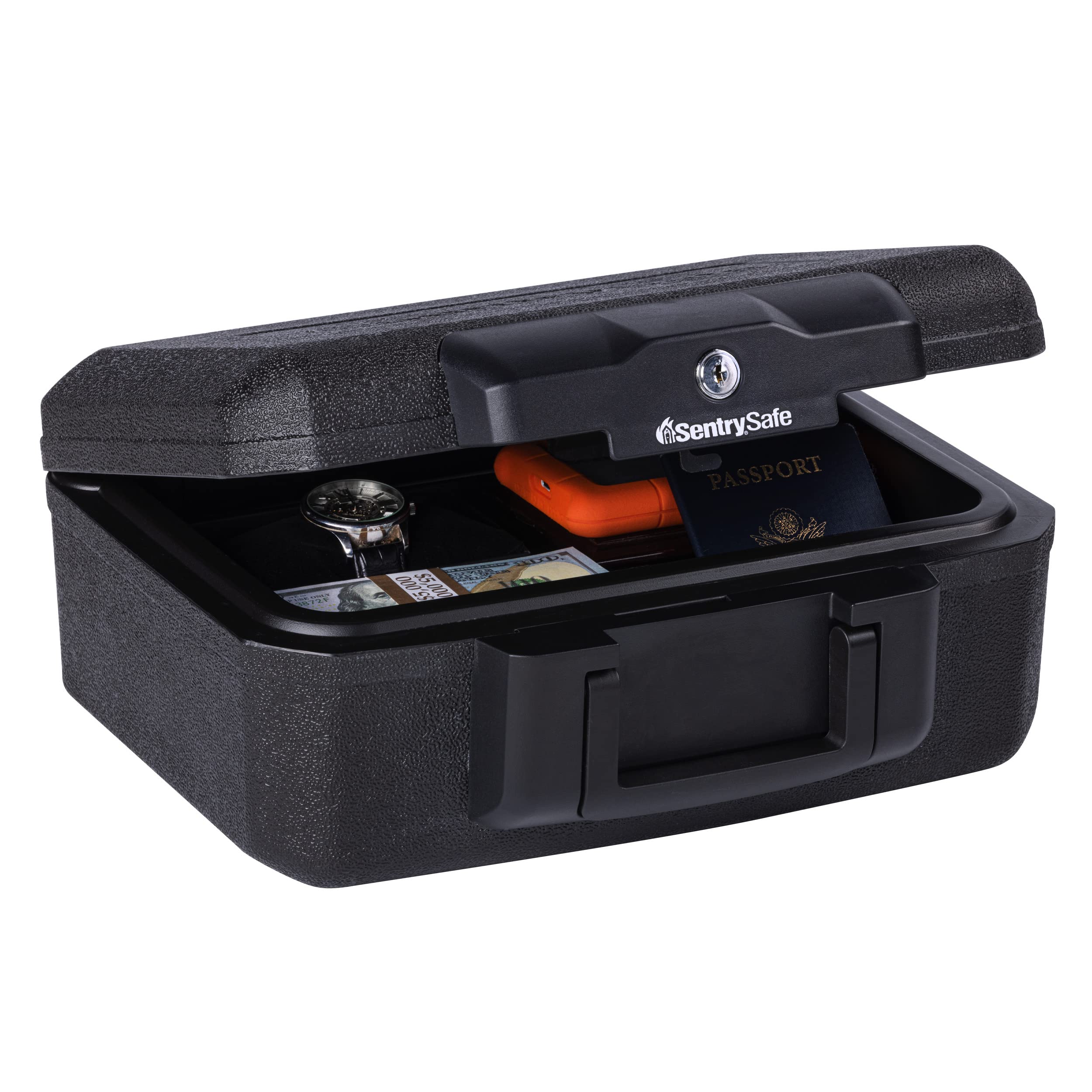 SentrySafe vista frontal de la caja ignífuga negra mostrando diseño compacto y protección